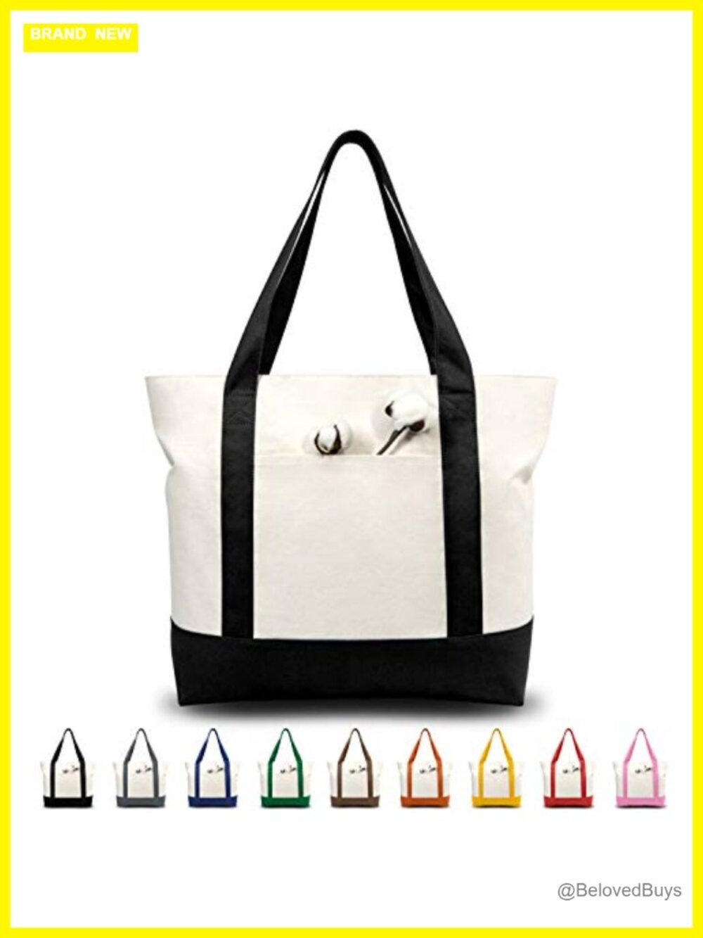 Heavy Duty Cotton Canvas Tote Bag Zipper Closure Reusable Grocery